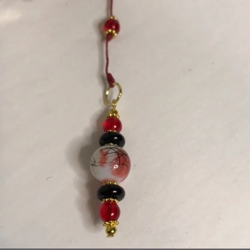 ECCENTRIC HANDCRAFTED Red/White/Black Beaded Bookmark w/Golden Cross